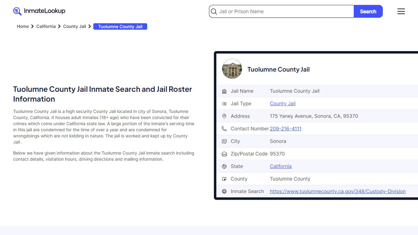 Tuolumne County Jail Inmate Search and Jail Roster Information